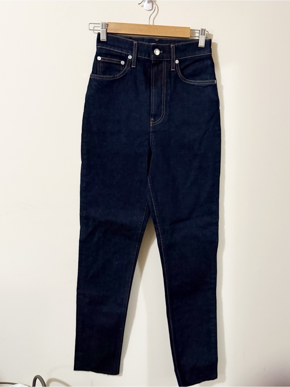 Helmut Lang UNISEX Dark Wash Raw Hem Straight Leg Jeans Womens Size 25 Mens 26